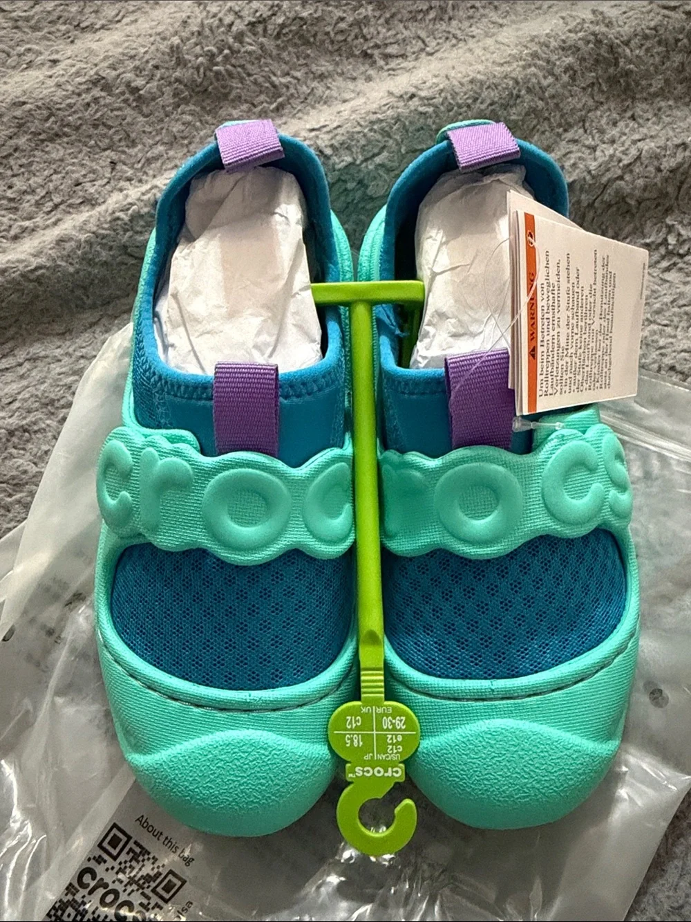 CROCS Kids Blue & Mint Foam Clogs with Purple Straps